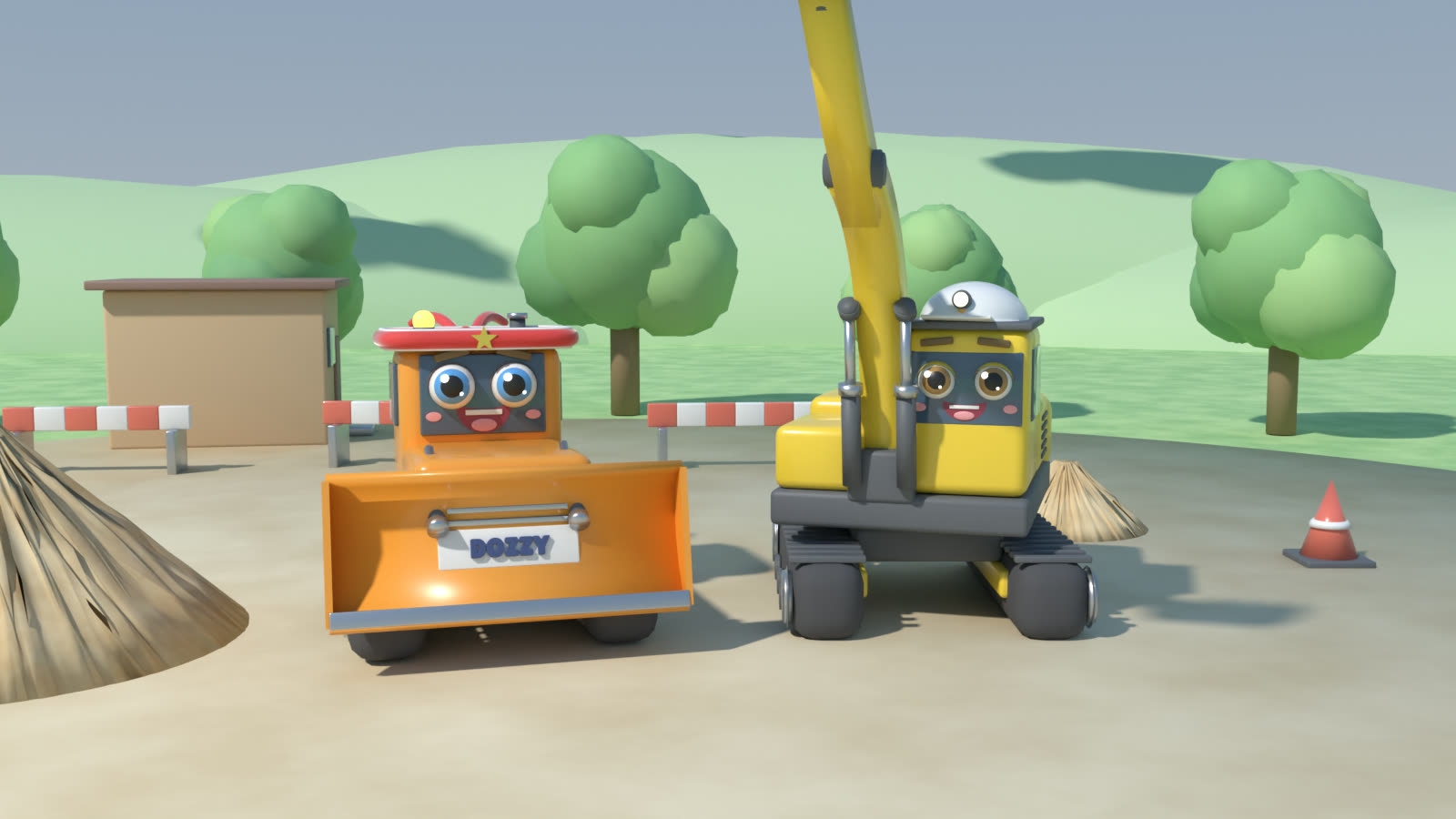Cavvy the yellow excavator and Dozzy the orange bulldozer smiling on a construction site